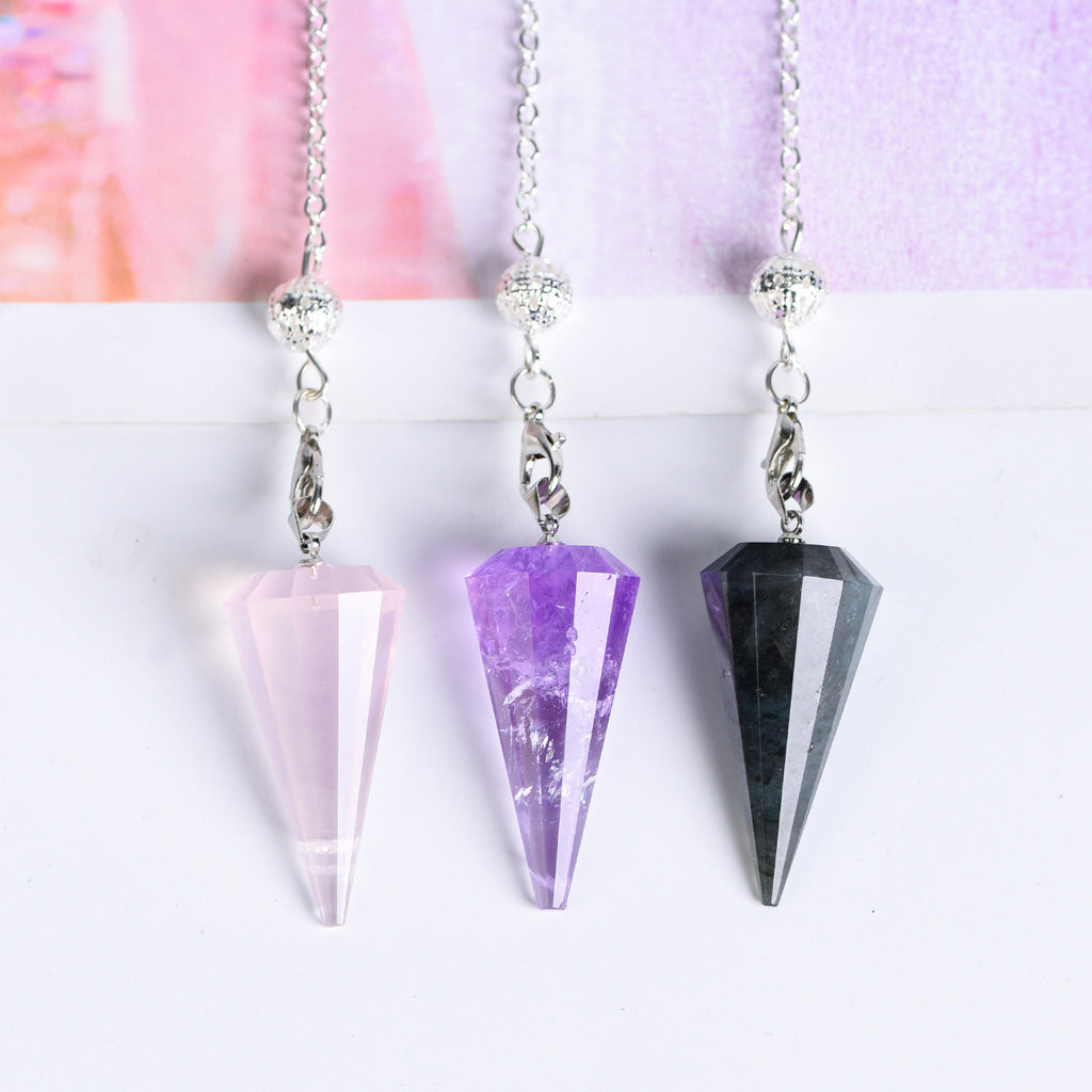 Amethyst 12-facet pointed crystal pendulum with silver-tone link chain and decorative end bead