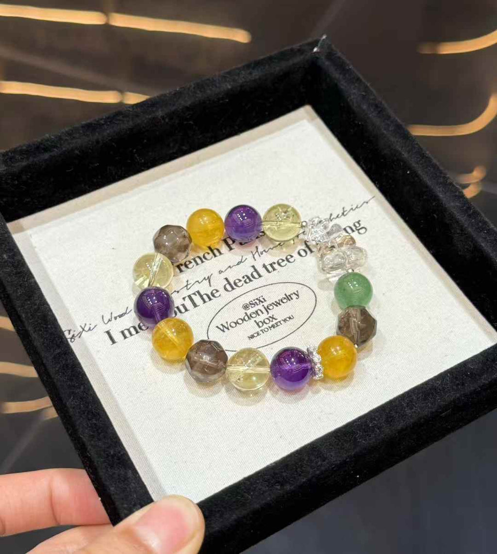 Veridia mixed gemstone bracelet with Brazilian Amethyst, Lemon Citrine, Smoky Quartz, Green Strawberry Quartz and Clear Quartz
