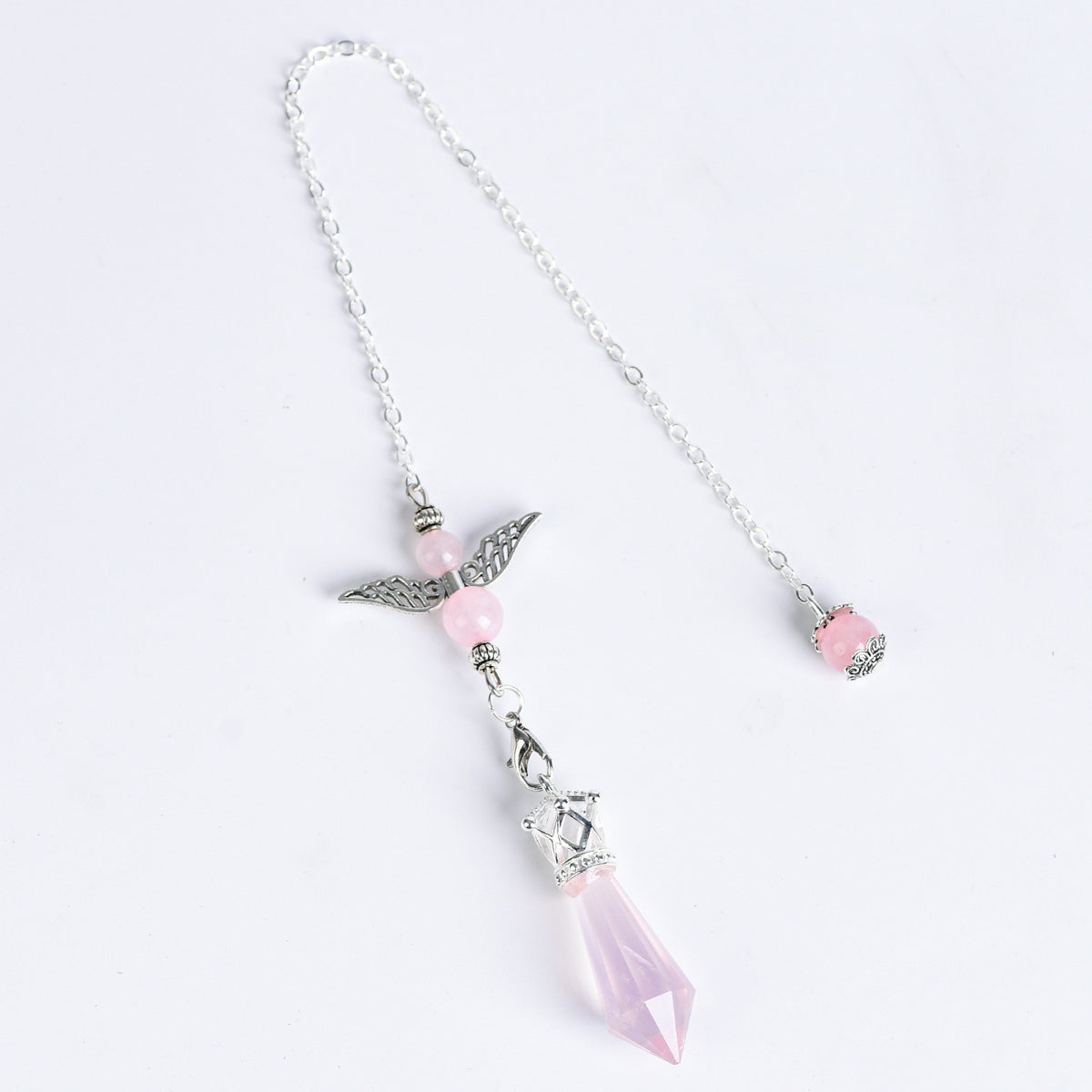 Angel crystal pendulum size guide showing approx. 9.45 in chain, 1.77 in crystal point and 0.39 oz weight
