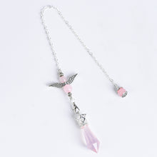 Angel crystal pendulum size guide showing approx. 9.45 in chain, 1.77 in crystal point and 0.39 oz weight