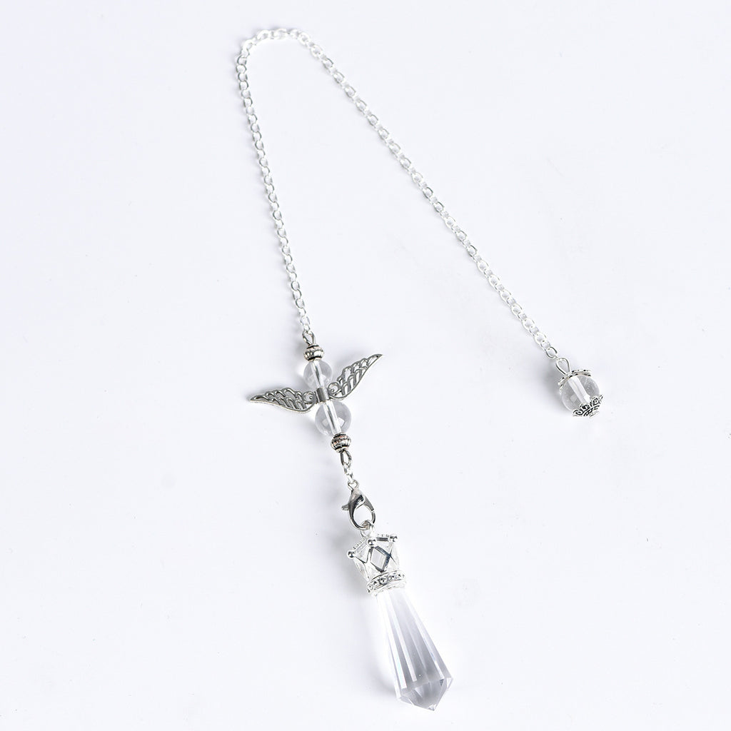 Close-up of the silver-tone angel-wing centerpiece, crystal beads and connecting hardware