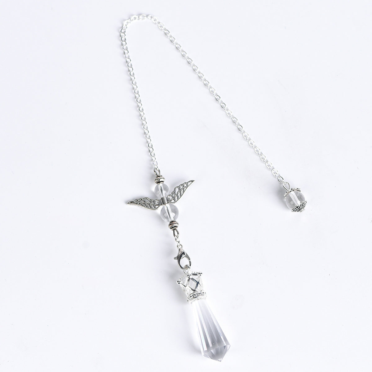 Close-up of the silver-tone angel-wing centerpiece, crystal beads and connecting hardware