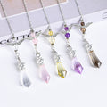 Citrine angel-wing crystal pendulum with faceted point, silver-tone chain and decorative beads