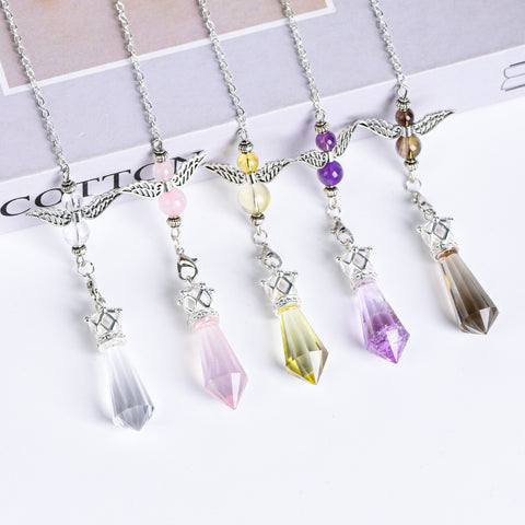Citrine angel-wing crystal pendulum with faceted point, silver-tone chain and decorative beads