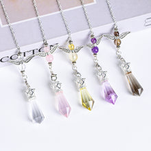 Citrine angel-wing crystal pendulum with faceted point, silver-tone chain and decorative beads