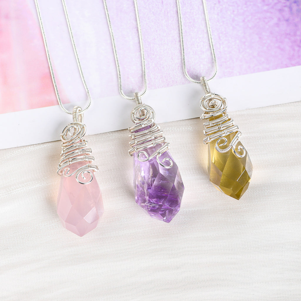 Citrine faceted crystal drop pendant with layered handmade wire wrapping and silver-tone chain