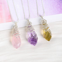 Citrine faceted crystal drop pendant with layered handmade wire wrapping and silver-tone chain
