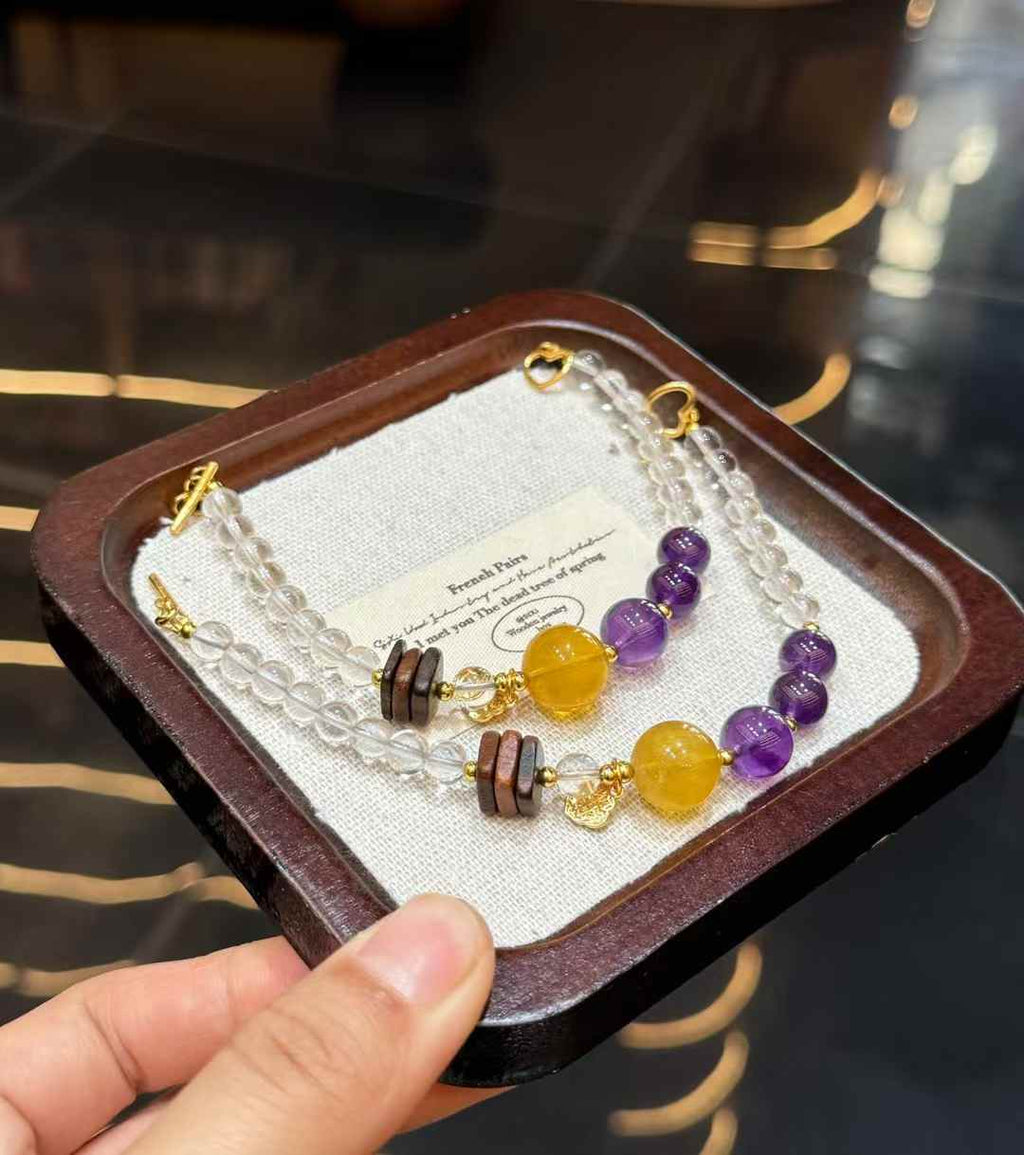 Veridia double-strand bracelet with Clear Quartz, Amethyst, Yellow Fluorite and Agarwood accents
