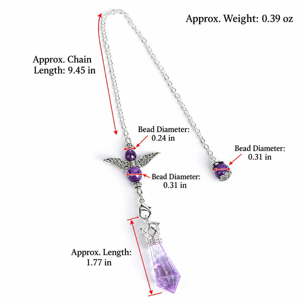 Clear Quartz faceted crystal point with decorative silver-tone cap and angel-wing pendulum design