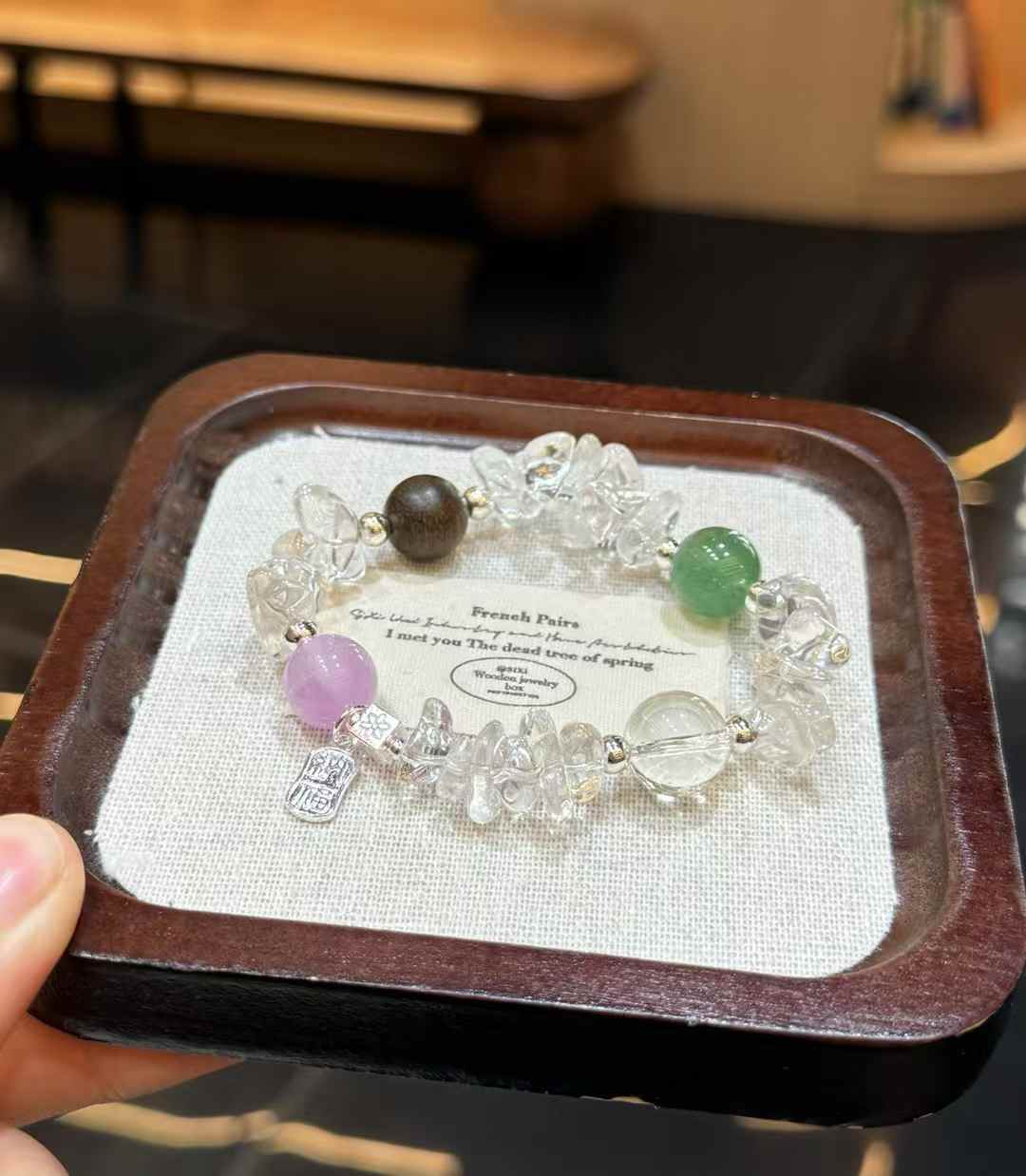 Veridia Clear Quartz chip bracelet with Green Strawberry Quartz, Kunzite, Agarwood and silver-tone accents