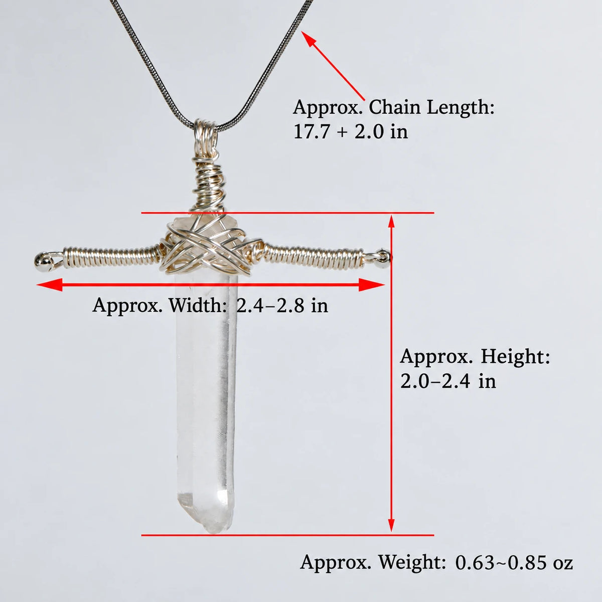 Clear Quartz sword and cross-inspired pendant necklace variants shown in different wire-wrapped designs