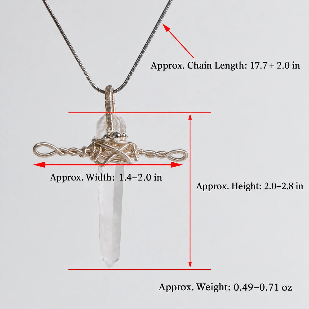Clear Quartz sword-inspired pendant necklace styled with a simple everyday outfit for scale