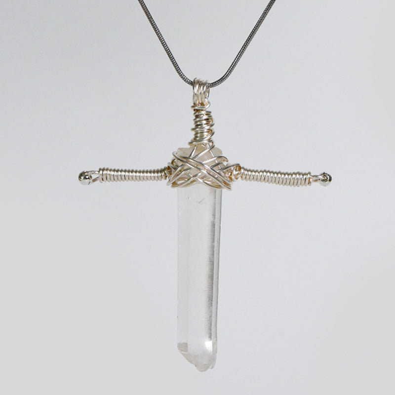 Clear Quartz sword pendant size guide showing a 17.7 in plus 2.0 in extender chain and pendant measurements