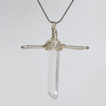 Clear Quartz sword pendant size guide showing a 17.7 in plus 2.0 in extender chain and pendant measurements