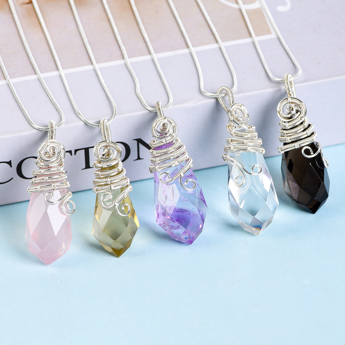 Clear Quartz faceted pendant necklace with handmade silver-tone spiral wire wrapping