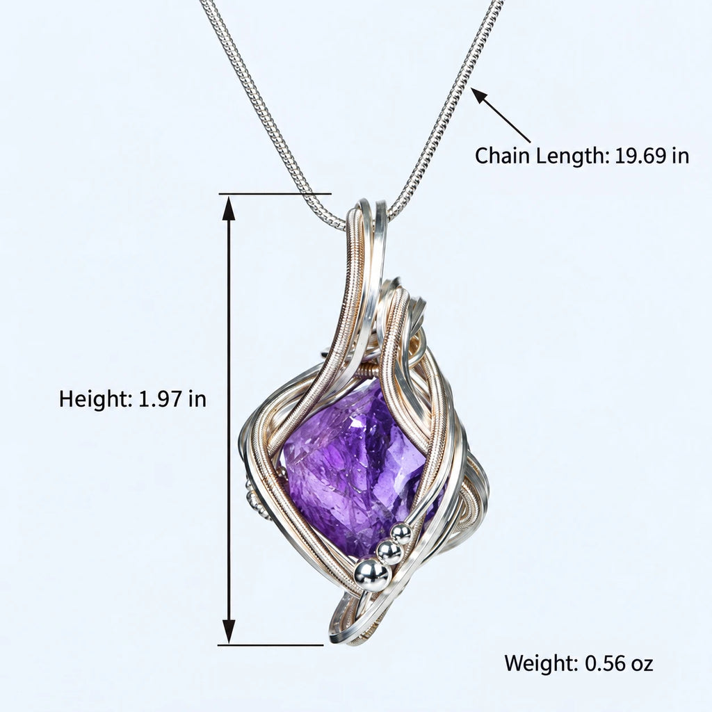 Freeform crystal necklace size guide showing approx. 19.69 in chain, 1.97 in pendant height and 0.56 oz weight