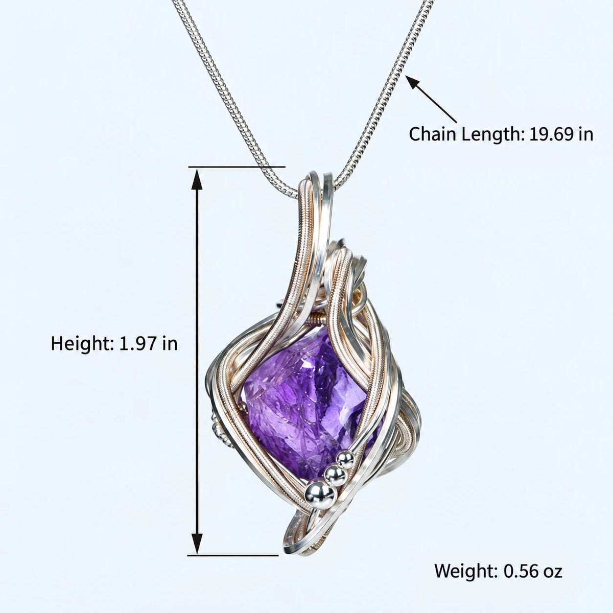 Freeform crystal necklace size guide showing approx. 19.69 in chain, 1.97 in pendant height and 0.56 oz weight
