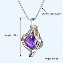 Freeform crystal necklace size guide showing approx. 19.69 in chain, 1.97 in pendant height and 0.56 oz weight
