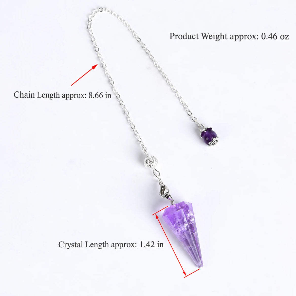 Close-up of the polished 12-facet crystal pendulum showing its geometric pointed surface
