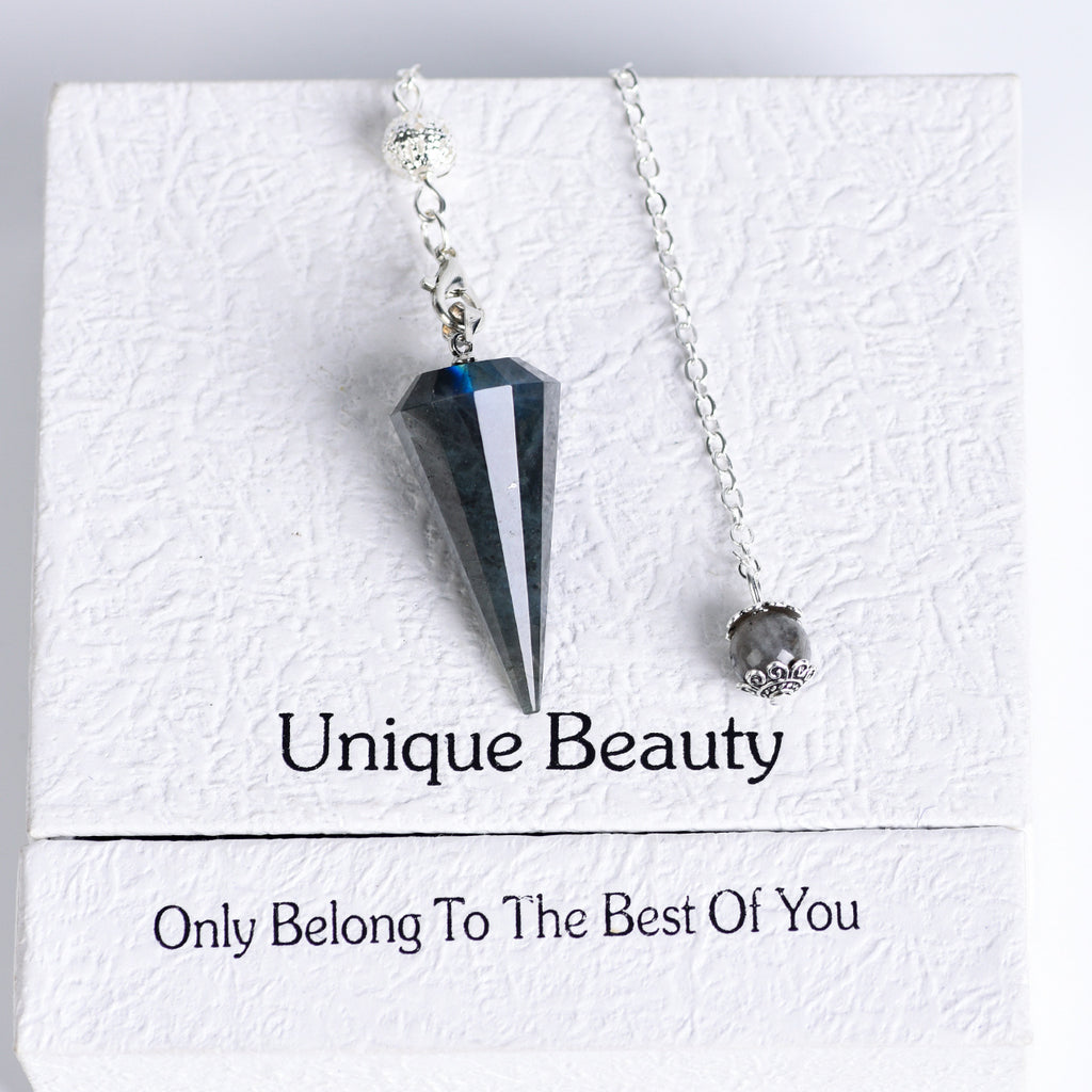 Amethyst crystal pendulum size guide showing approx. 8.66 in chain, 1.42 in crystal length and 0.46 oz weight