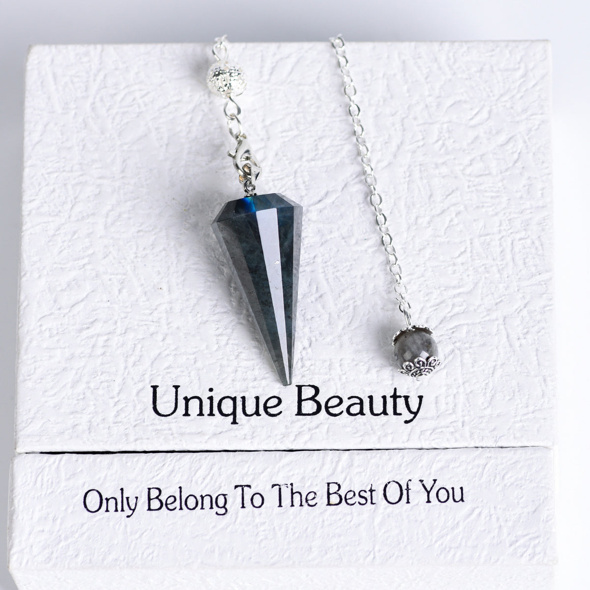 Amethyst crystal pendulum size guide showing approx. 8.66 in chain, 1.42 in crystal length and 0.46 oz weight