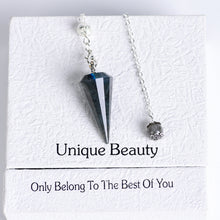 Amethyst crystal pendulum size guide showing approx. 8.66 in chain, 1.42 in crystal length and 0.46 oz weight