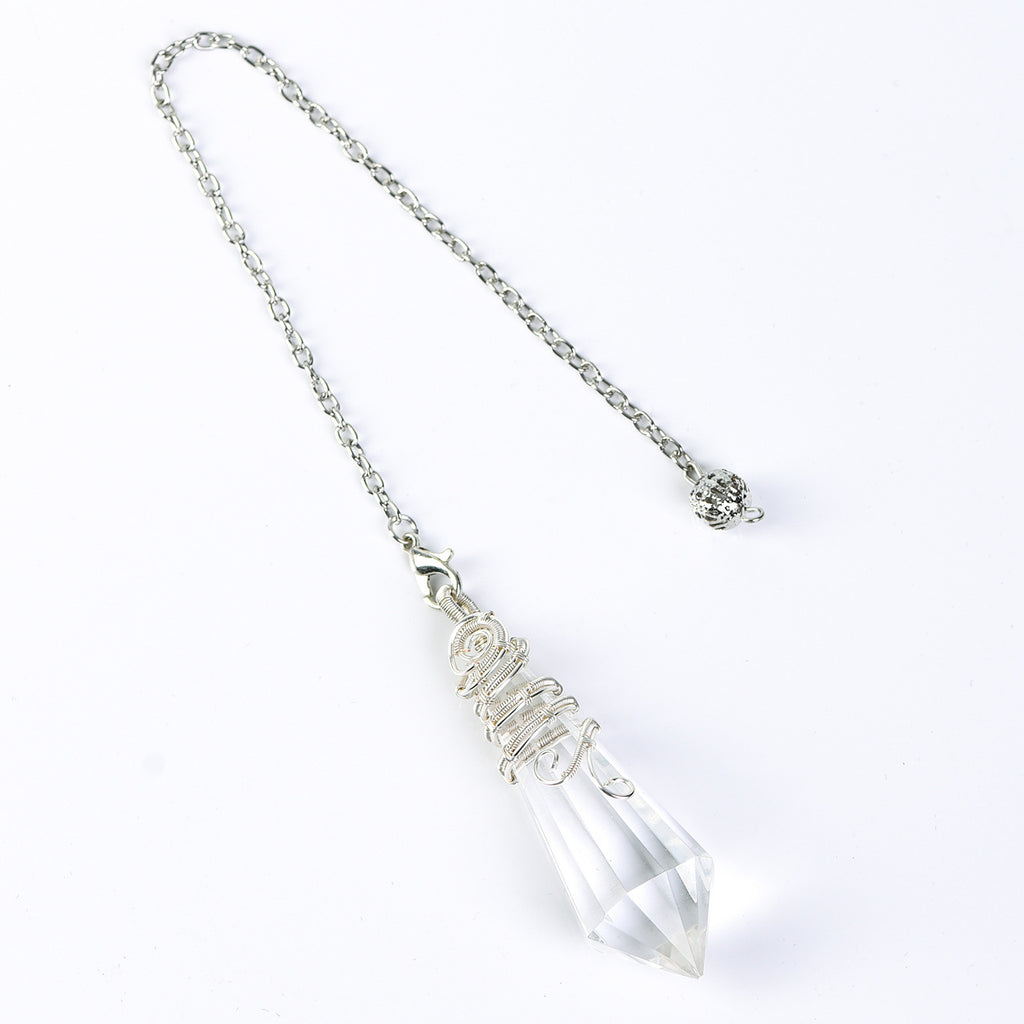 Crystal pendulum size guide showing an approx. 7.48 in chain, 2.05 in crystal length and 0.71 oz weight