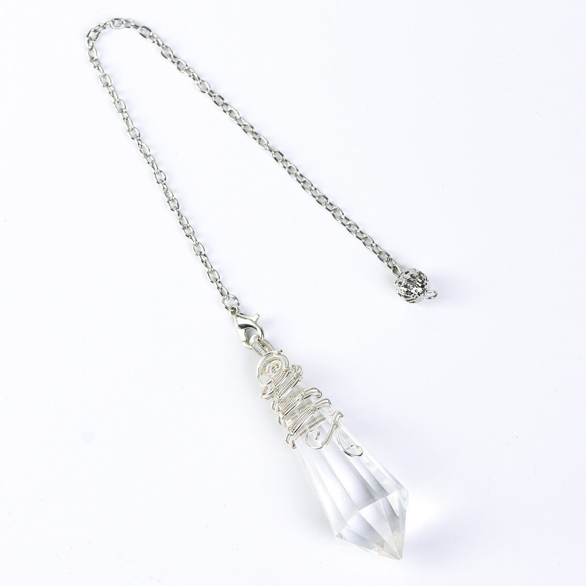 Crystal pendulum size guide showing an approx. 7.48 in chain, 2.05 in crystal length and 0.71 oz weight