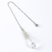 Crystal pendulum size guide showing an approx. 7.48 in chain, 2.05 in crystal length and 0.71 oz weight