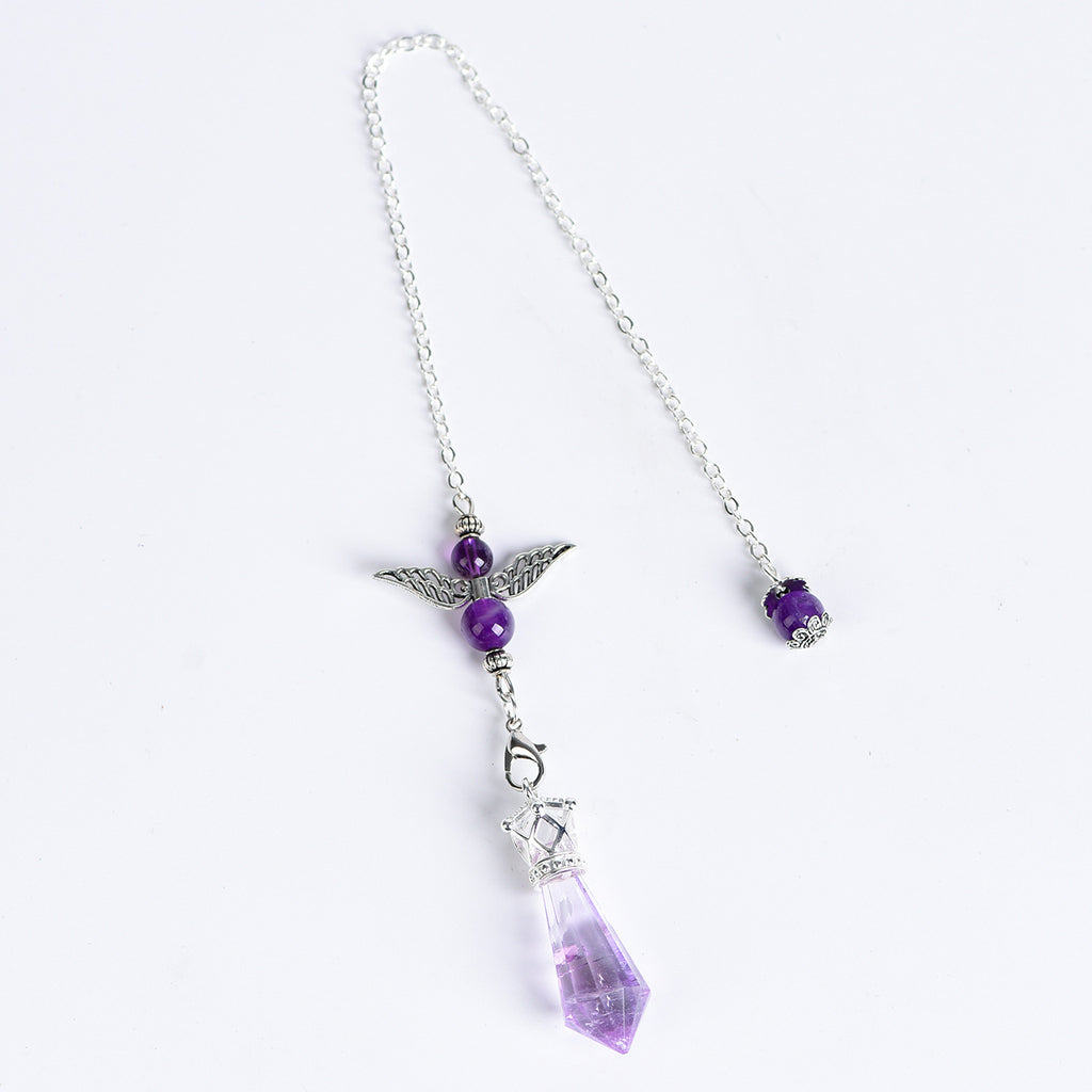 Five angel-wing crystal pendulum variants in Clear Quartz, Rose Quartz, Amethyst, Citrine and Smoky Quartz