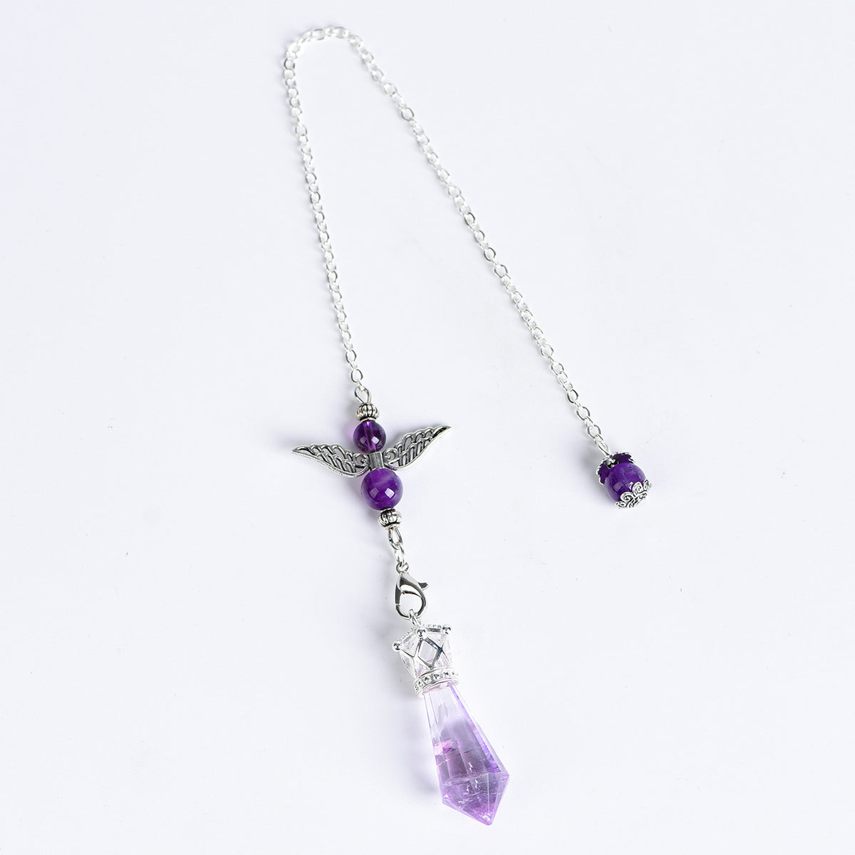 Five angel-wing crystal pendulum variants in Clear Quartz, Rose Quartz, Amethyst, Citrine and Smoky Quartz