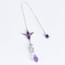 Five angel-wing crystal pendulum variants in Clear Quartz, Rose Quartz, Amethyst, Citrine and Smoky Quartz