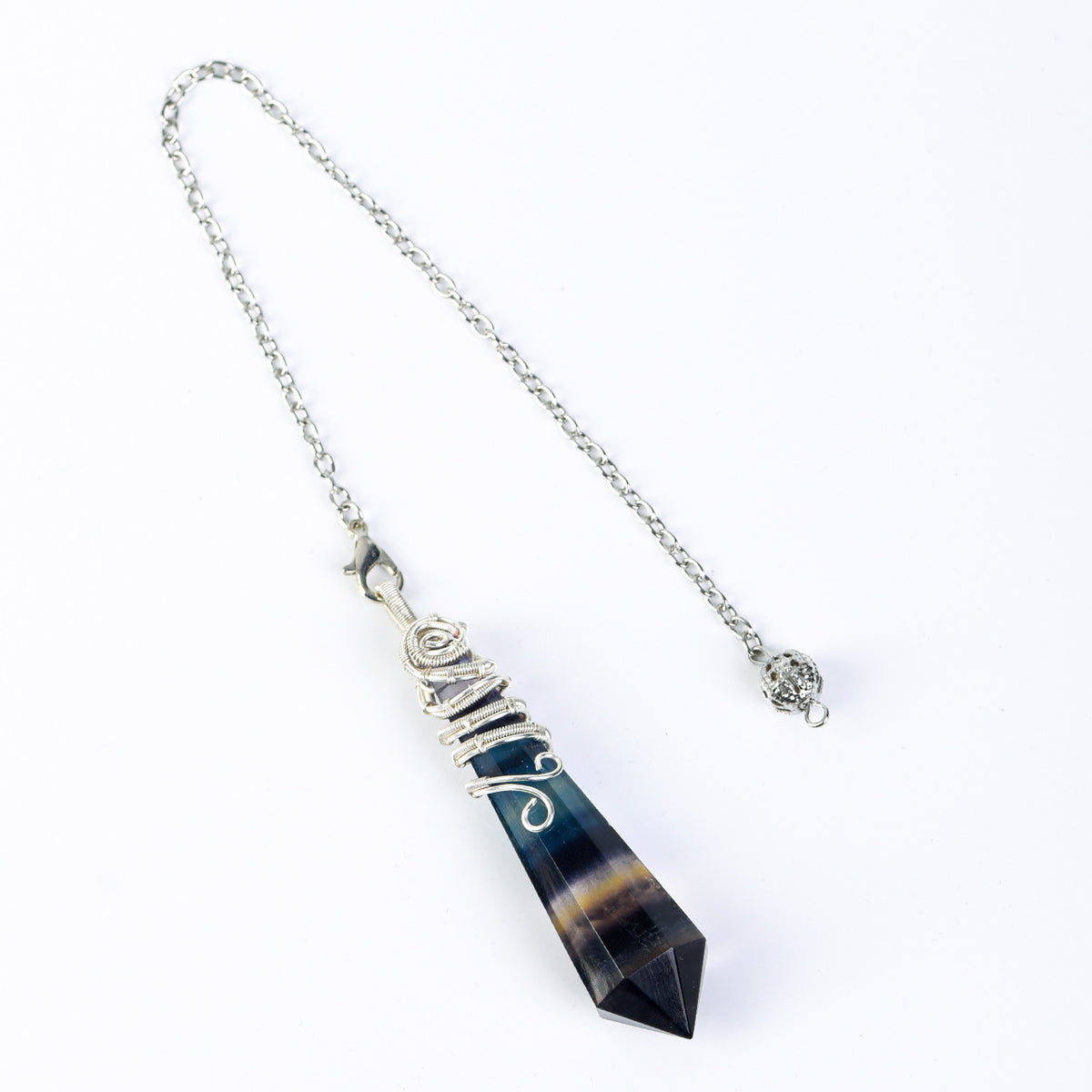 Assorted faceted natural crystal pendulums displayed together as a coordinated crystal collection