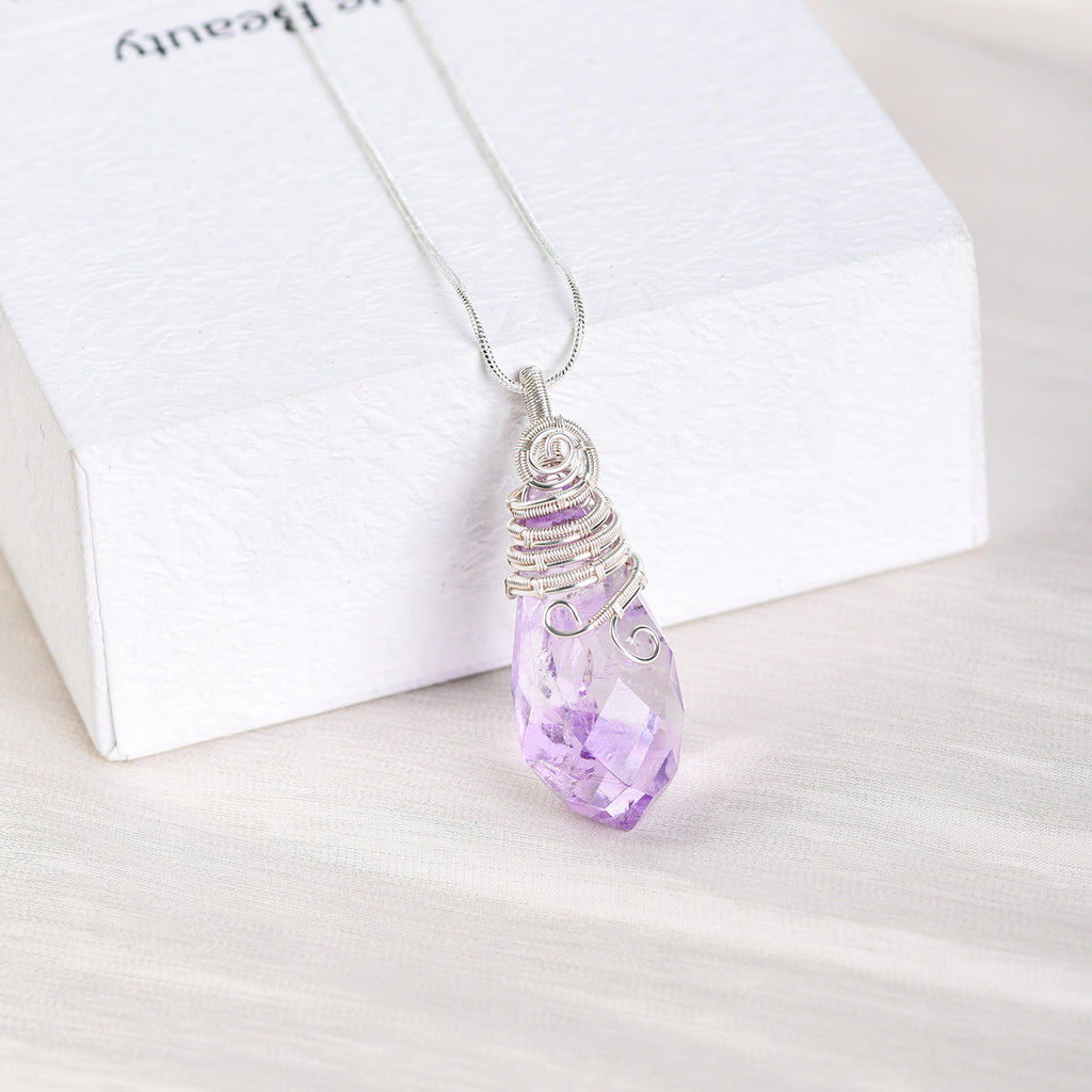 Rose Quartz faceted drop necklace with decorative handmade silver-tone wire wrapping