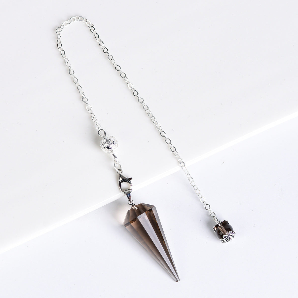 Six 12-facet crystal pendulum variants including Clear Quartz, Rose Quartz, Amethyst, Citrine, Smoky Quartz and Labradorite