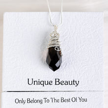 Wire-wrapped crystal necklace size guide showing approx. 21.26 in chain, 2.05 in crystal length and 0.71 oz weight