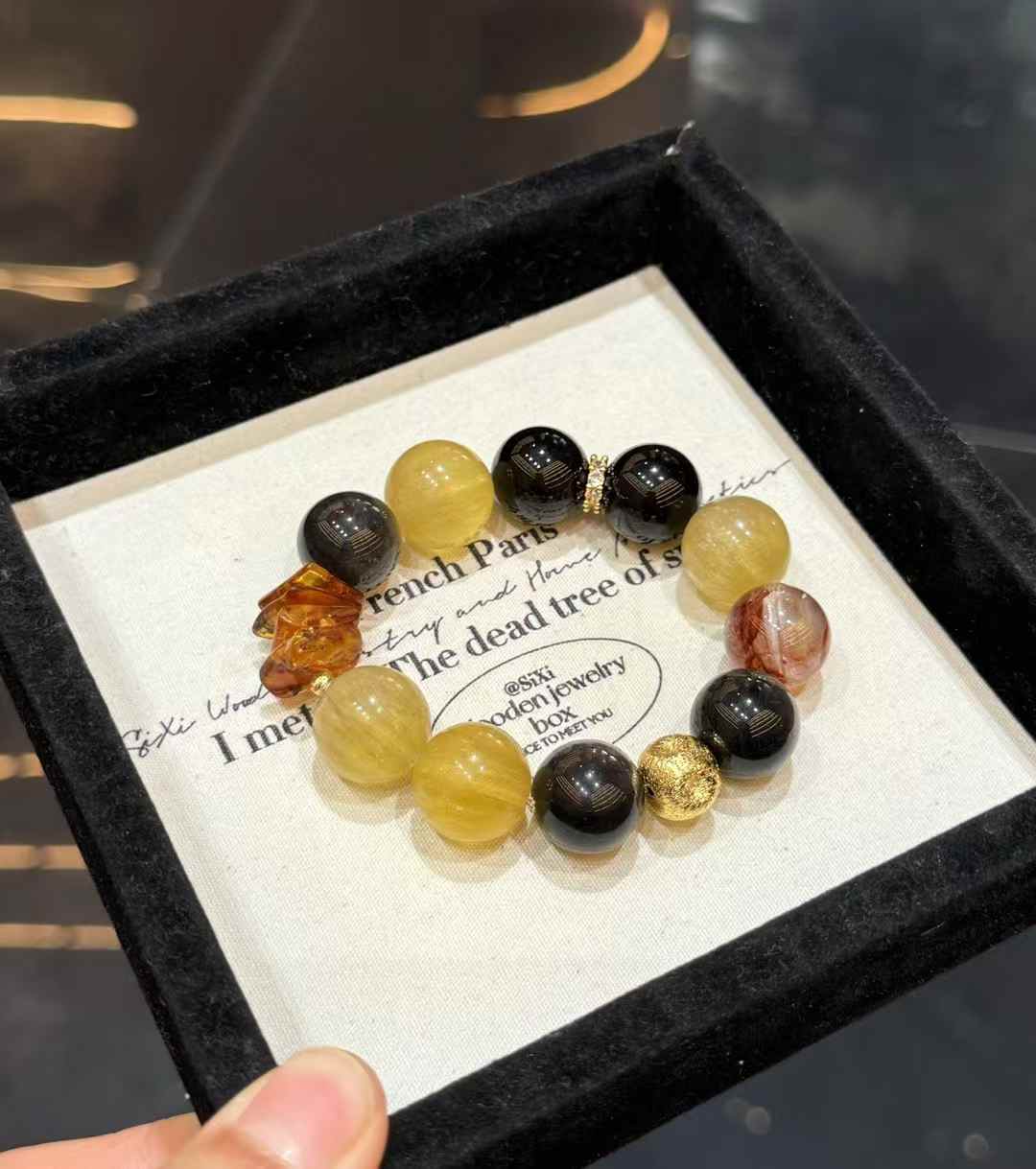 Veridia statement bracelet with Yellow Fluorite, Silver Sheen Obsidian, Red Hematoid Quartz and amber accents