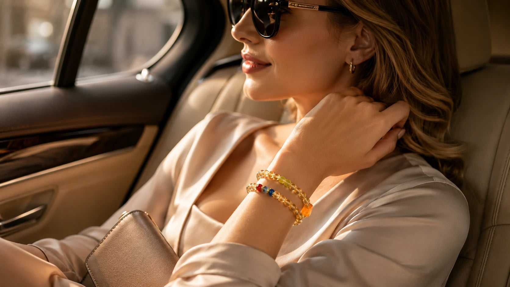 Citrine double wrap bracelet worn in a sunlit car