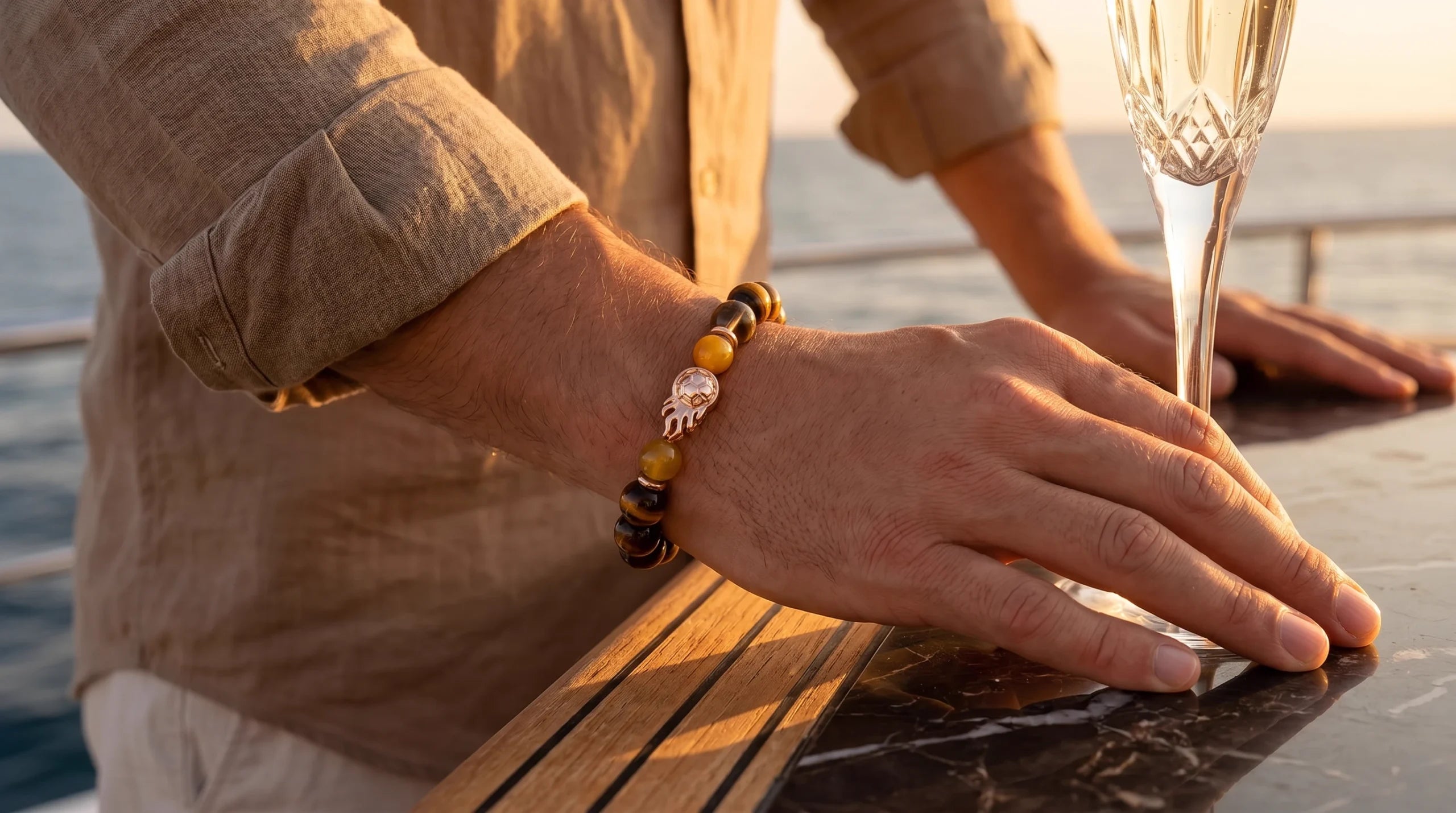 Men's tiger eye and smoky quartz fire charm bracelet
