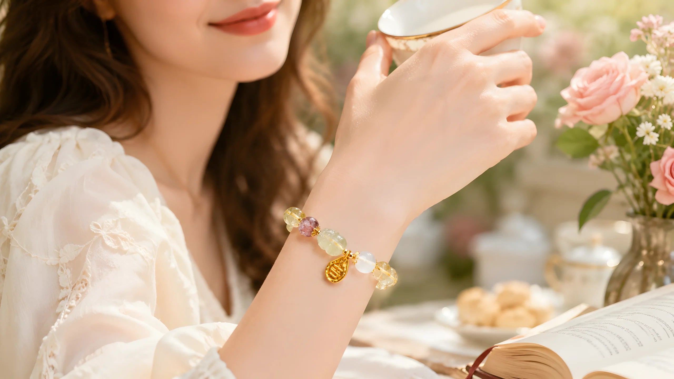 Golden crystal Pixiu bracelet styled at tea time
