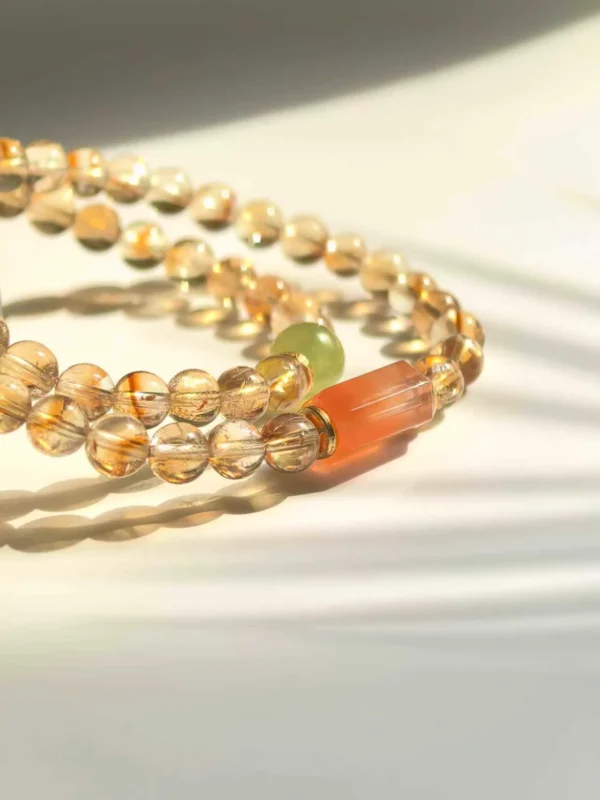 citrine-double-wrap-bracelet-red-agate-accent Stacked Layered Look Beaded Bracelet Made of Luminous Yellow Citrine Stones