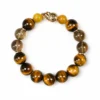 Men's Luxury Golden Brown Beaded Bracelet with Gold Tone Fire Charm Accent