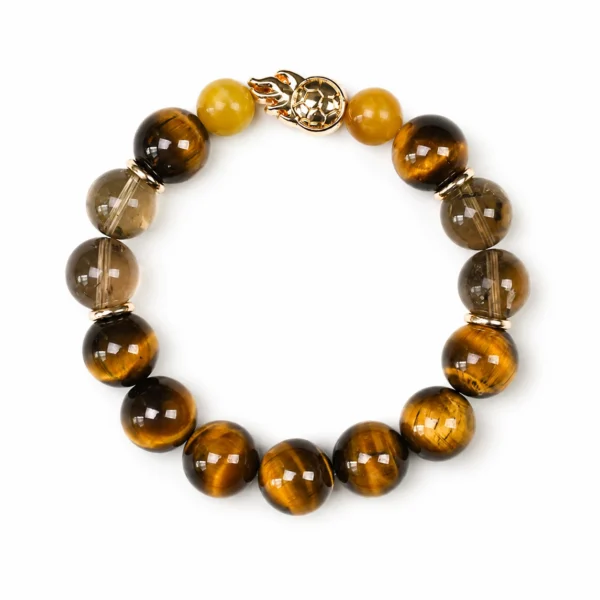 Men's Luxury Golden Brown Beaded Bracelet with Gold Tone Fire Charm Accent
